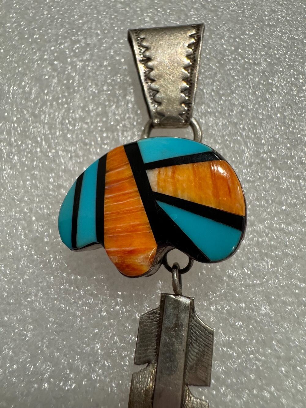 Vintage Navajo Bear Pendant Coral Turquoise Onyx Inlay Stering Dangle Leaf